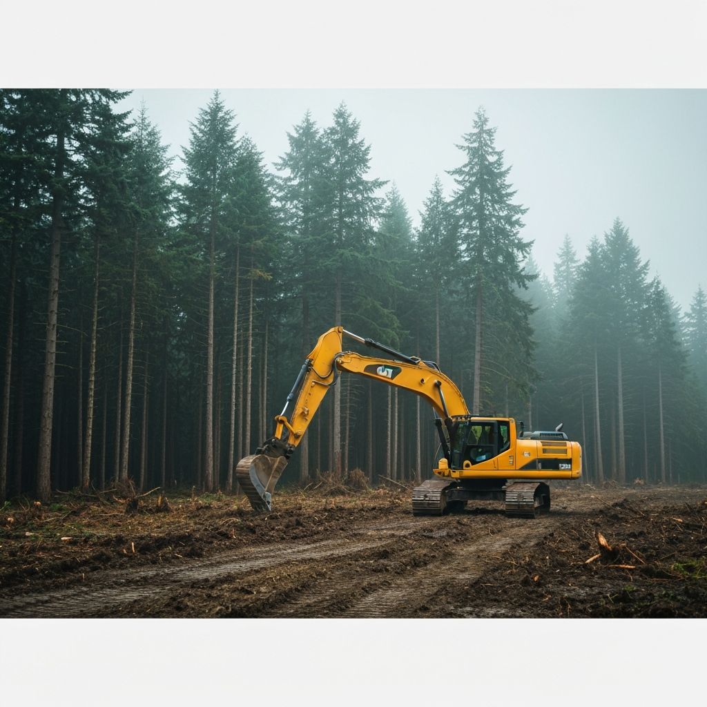 Excavator clearing land in Pacific Northwest